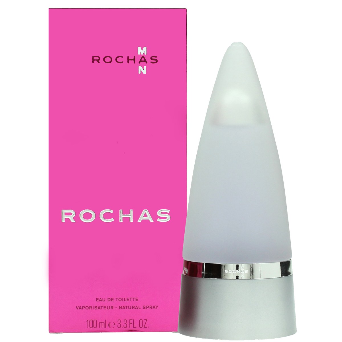 Rochas Man Eau de Toilette 100ml, Rochas, 100 ml – slank lilla glasflaske med sølvtop og buet, moderne design.