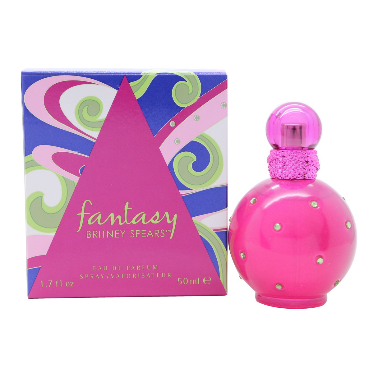 Britney Spears Fantasy Eau De Parfum, Britney Spears, 50 ml, fuchsia rund flaske med grønne krystaller og ringe