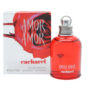 Cacharel Amor Amor Eau de Toilette 50 ml – rød, rund glasflaske med sølvlogo og blank metalhætte
