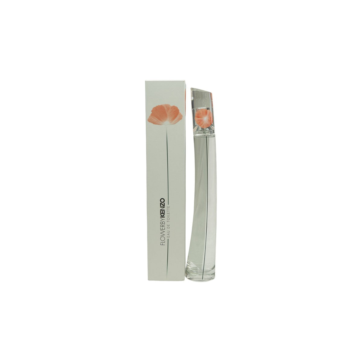 Kenzo Flower Eau de Toilette 100ml – slank, klar glasflakon med rød valmue og sølvfarvet låg i minimalistisk design.