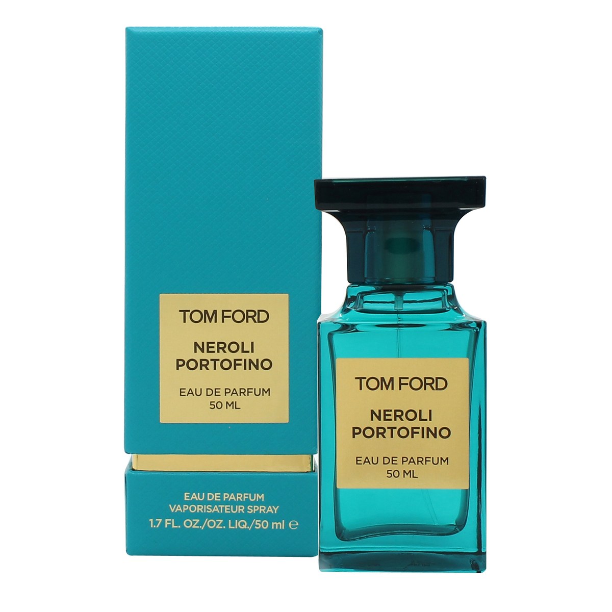 Tom Ford Private Blend Neroli Portofino Eau de Parfum 50 ml – turkis rektangulær flakon med guldetiket og firkantet låg.