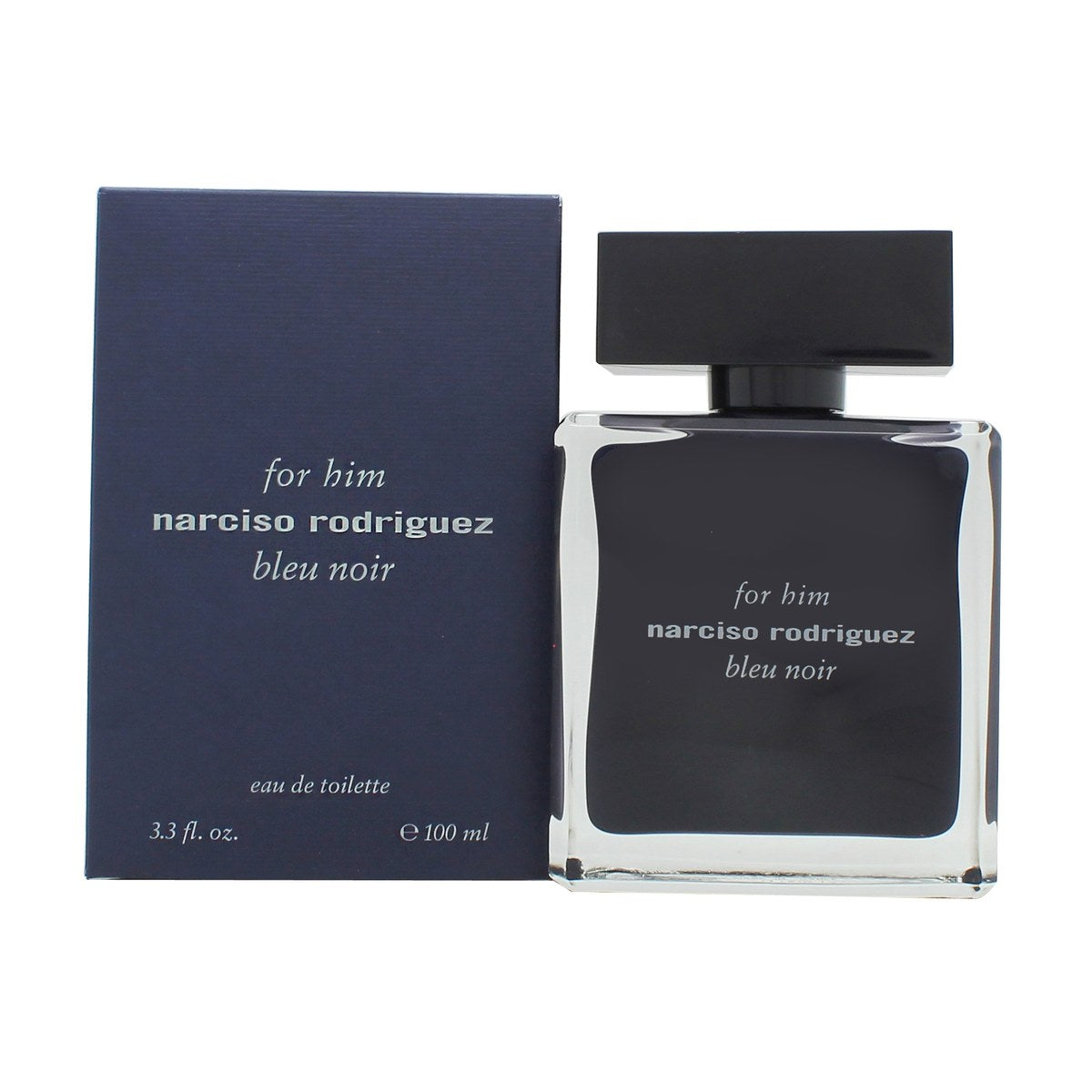 Narciso Rodriguez Bleu Noir Eau de Toilette 100 ml – mørkeblå rektangulær glasflaske med sort hætte og minimalistisk design