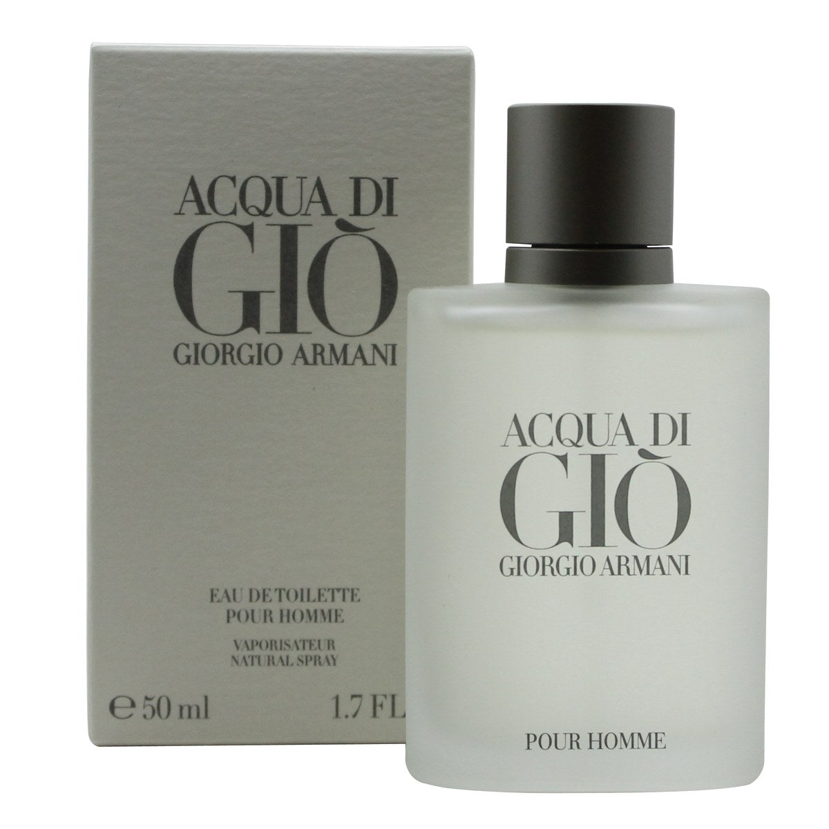Giorgio Armani Acqua Di Gio Eau De Toilette 50 ml – frosted glasflaske, cylindrisk form, sølv spray og enkel hvid tekst.