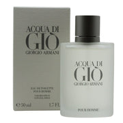 Giorgio Armani Acqua Di Gio Eau De Toilette 50 ml – frosted glasflaske, cylindrisk form, sølv spray og enkel hvid tekst.