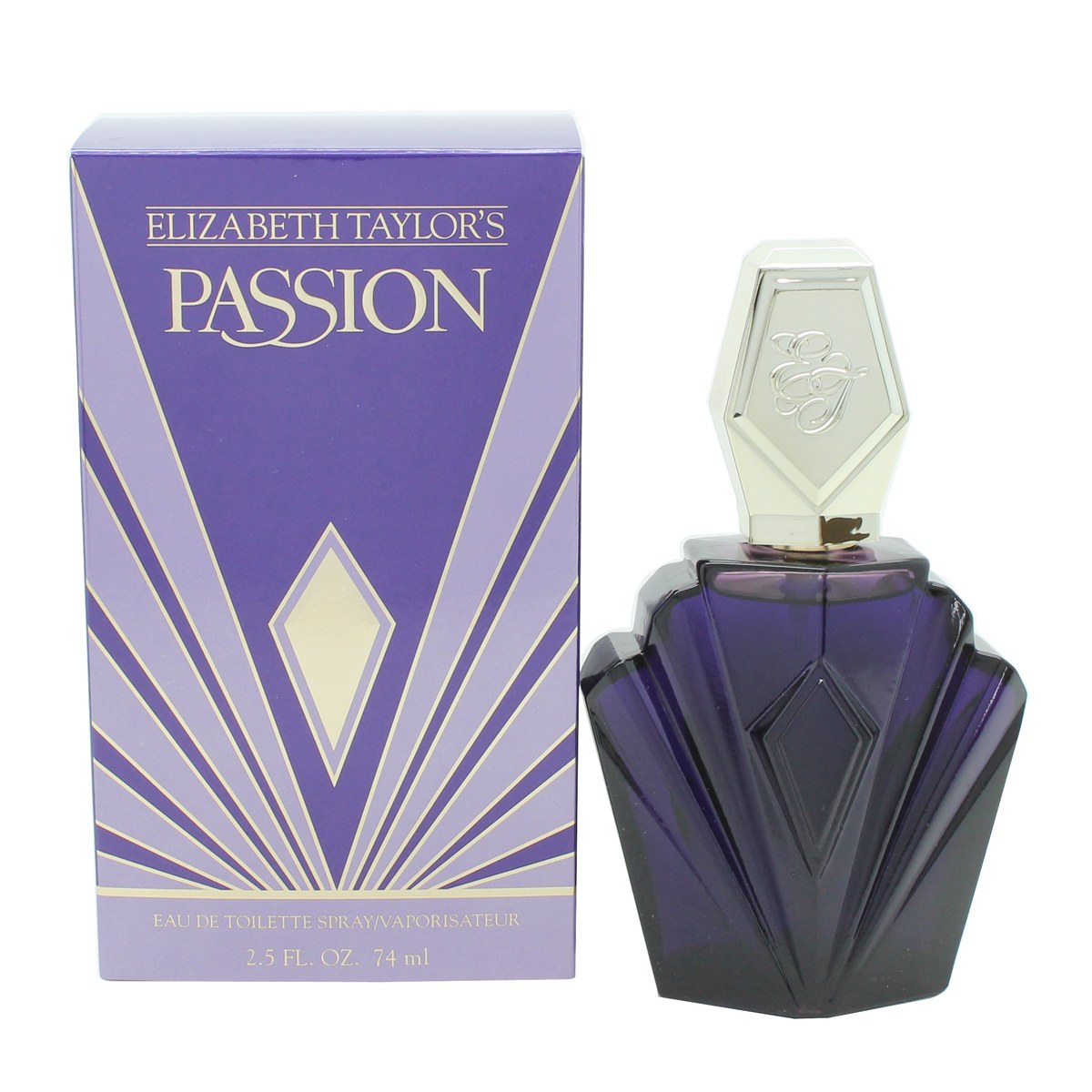 Elizabeth Taylor Passion Eau de Toilette 74 ml flakon i dyb lilla glas med guldkantet låg og klassisk, buet silhuet