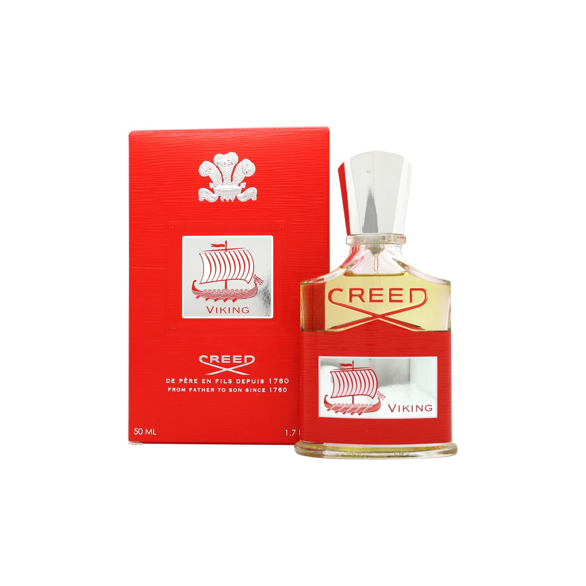 Creed Viking Eau de Parfum 50 ml fra Creed, rød rektangulær glasflaske med sort korkprop og sølvlogo på fronten