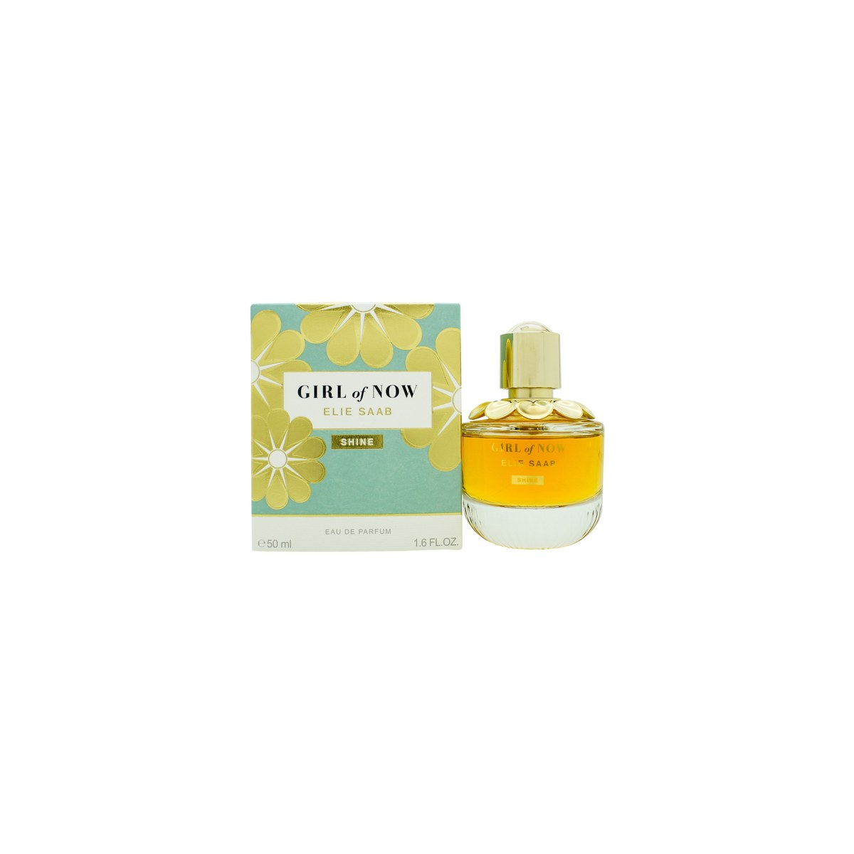 Girl Of Now Shine Eau De Parfum Elie Saab 50 ml – facetslebet glasflaske med gylden duft, blå blomsterformet prop