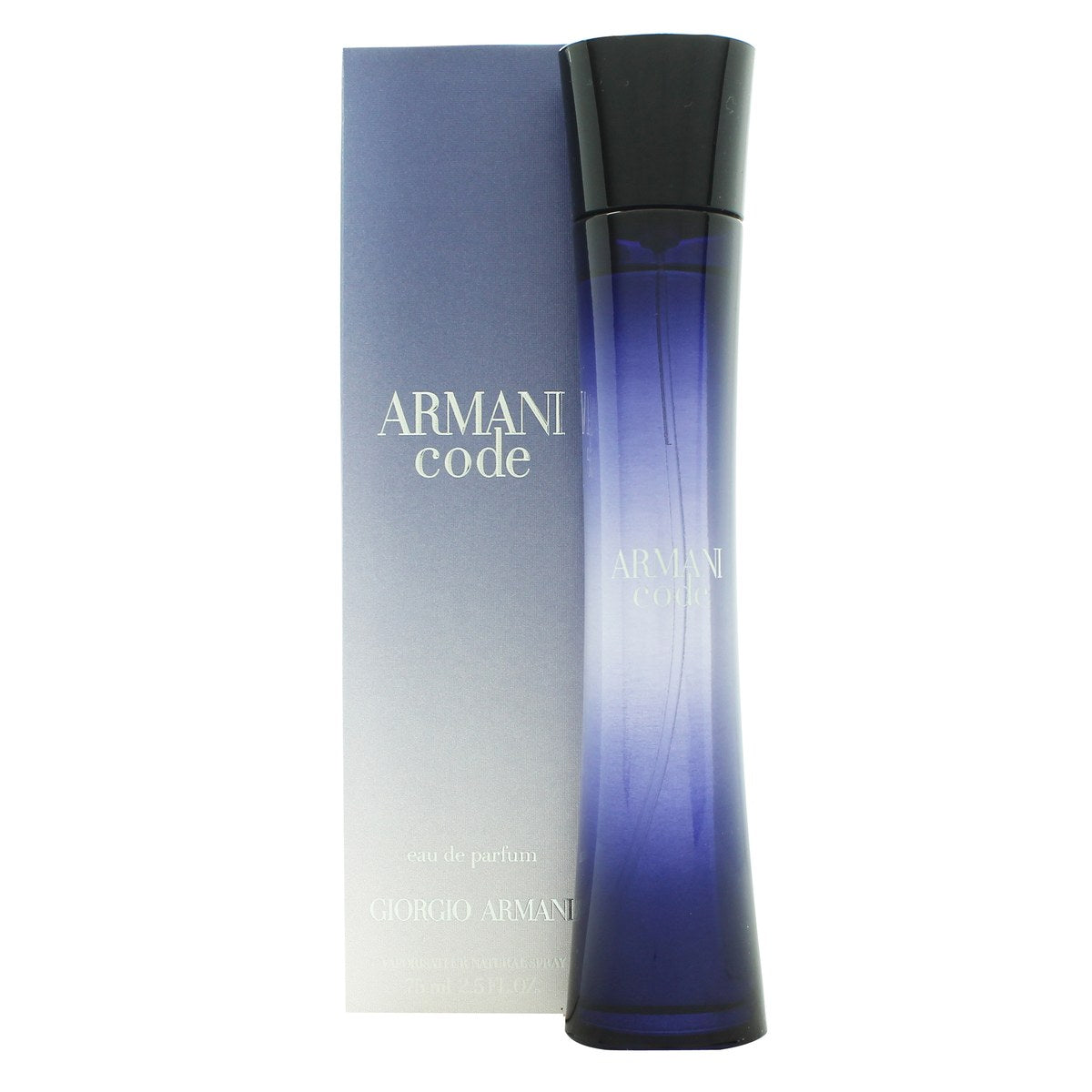 Giorgio Armani Code Eau de Parfum, Giorgio Armani, 75 ml – mørkeblå cylinderformet flakon med sort låg og sølvdetaljer