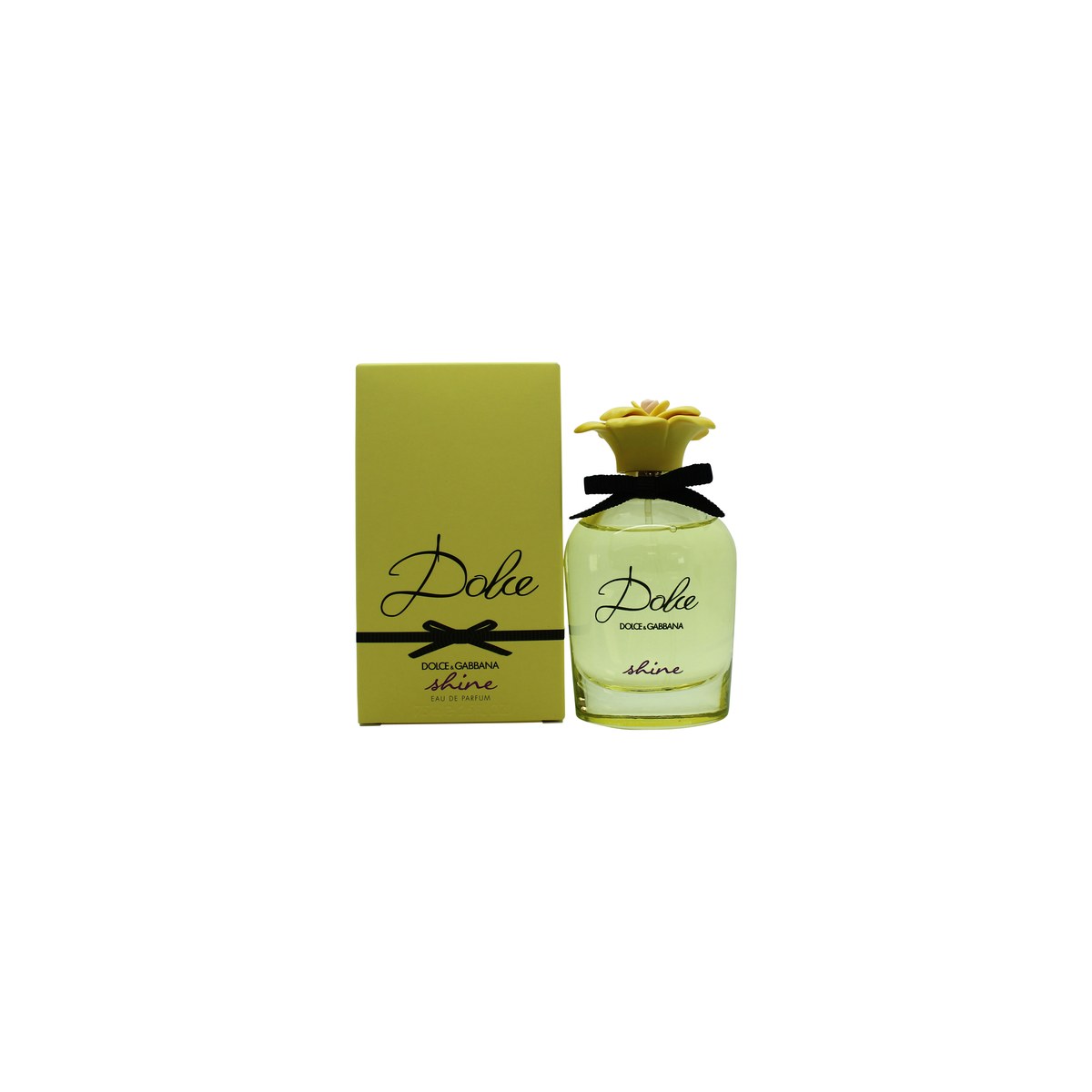 Dolce Shine Eau De Parfum Dolce & Gabbana 75 ml, gyldengul flaske med blomsterstopper, sort grosgrainbånd og lilla tekst