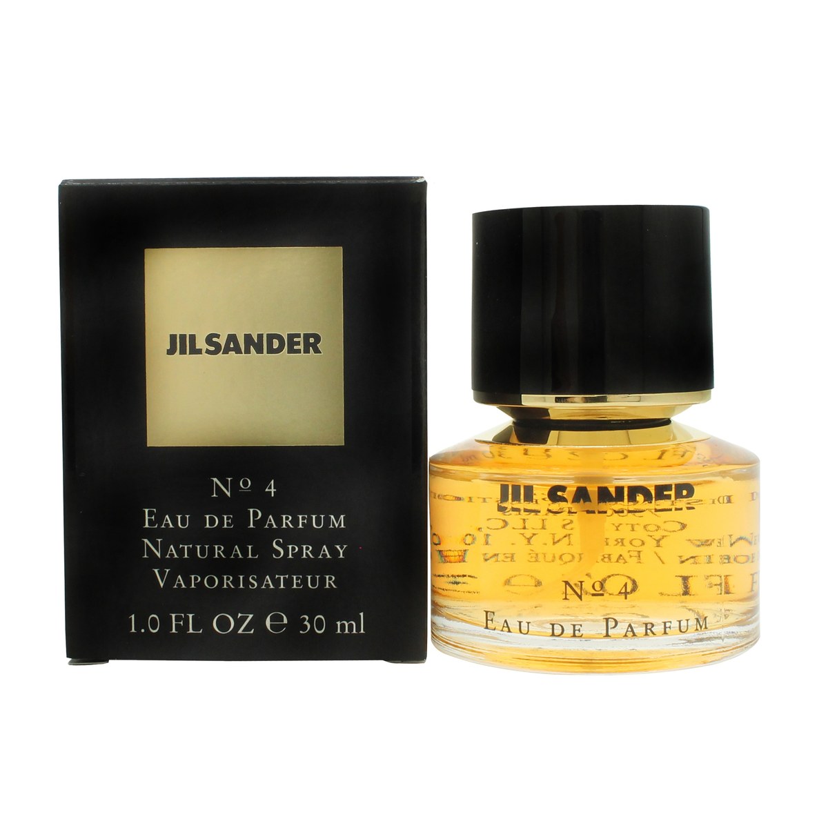 Jil Sander No. 4 Eau de Parfum 30 ml fra Jil Sander i klar firkantet flakon med gylden ravfarvet væske og sort låg