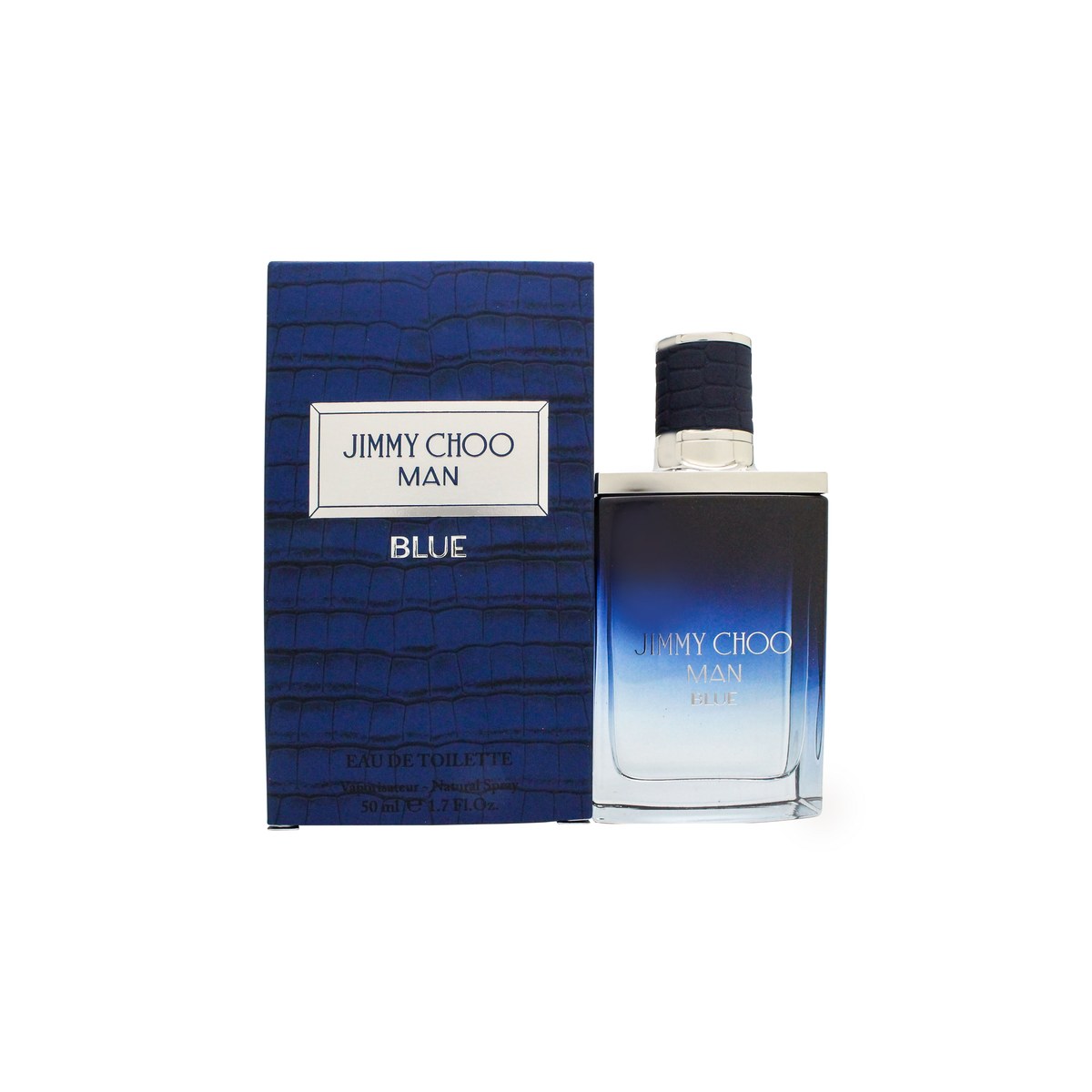 Jimmy Choo Man Blue Eau De Toilette, Jimmy Choo, 50 ml, dybblå glasflakon med indgraverede linjer, klar bund og sølvfarvet låg.