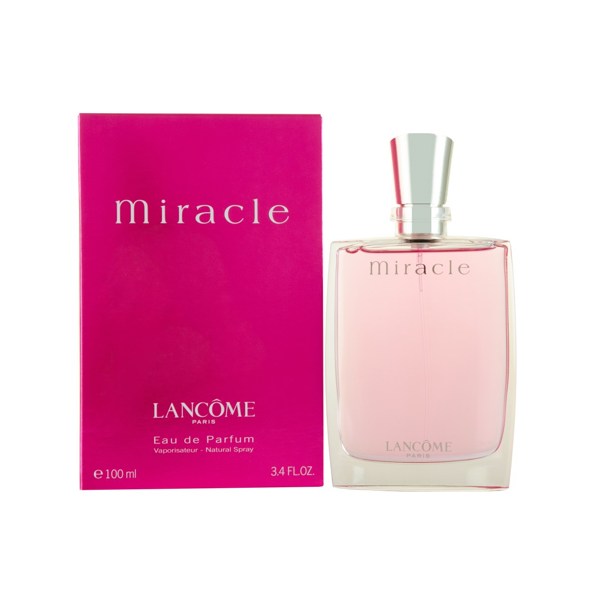 Lancome Miracle Eau de Parfum, Lancôme 100 ml, klar glasflakon med lyserød duft og sølvfarvet top