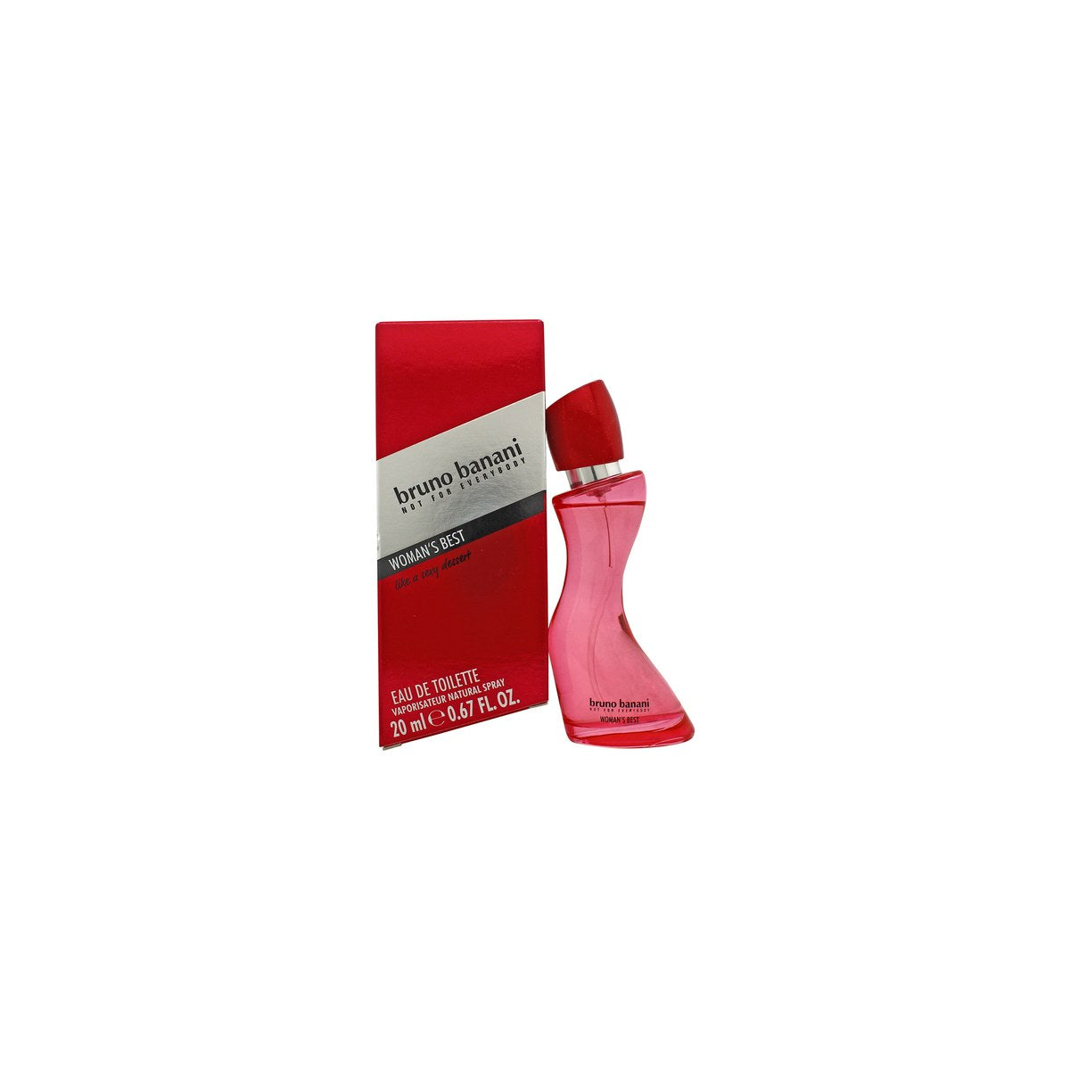Bruno Banani Woman's Best Eau de Toilette 20 ml fra Bruno Banani i pink og gul, buet flakon med sølvkappe og legende design.