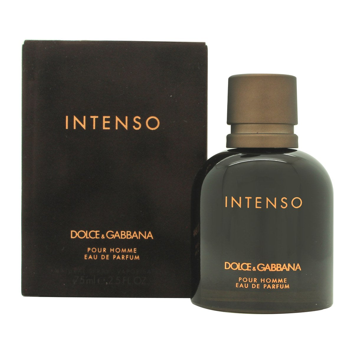 Dolce & Gabbana Pour Homme Intenso Eau de Parfum 75 ml fra Dolce & Gabbana, mørk rektangulær glasflaske med sort finish og gyldent logo