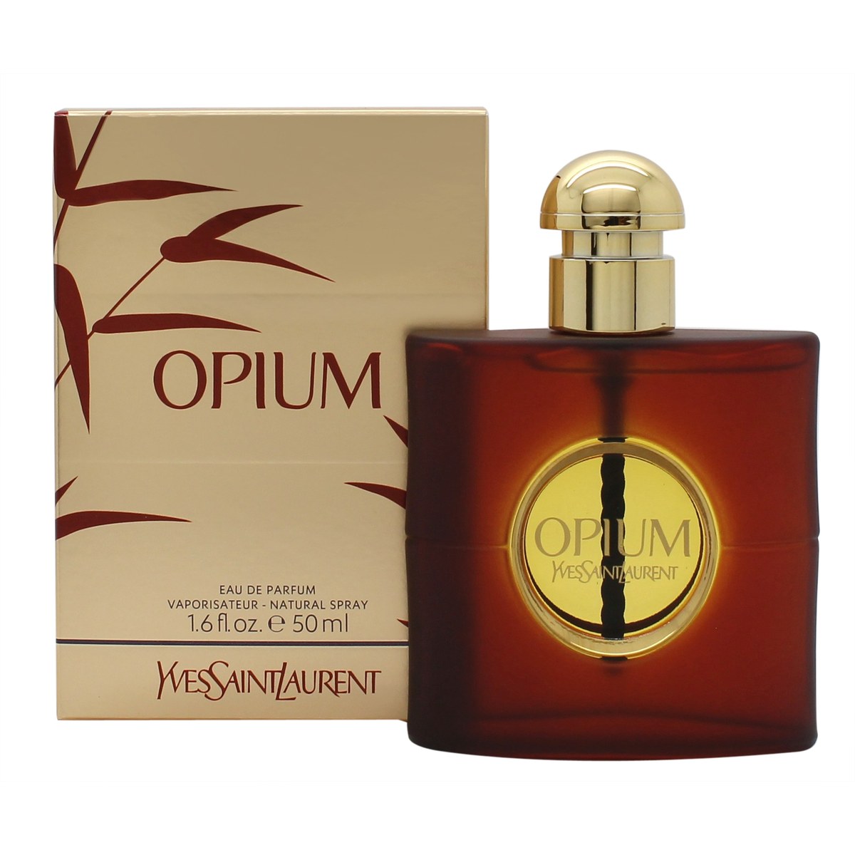 Yves Saint Laurent Opium Eau de Parfum 50 ml, Yves Saint Laurent, 50 ml flaske i mørkerød lak med guldramme og sort kvast