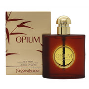 Yves Saint Laurent Opium Eau de Parfum 50 ml, Yves Saint Laurent, 50 ml flaske i mørkerød lak med guldramme og sort kvast