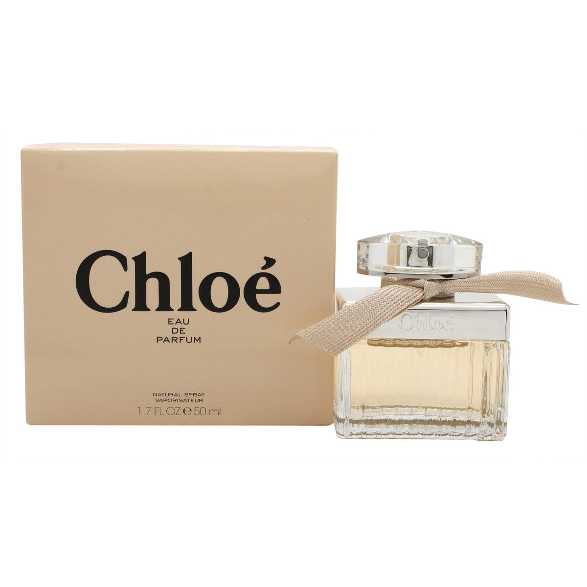 Chloé Signature Eau De Parfum Chloé 50 ml klar glasflakon med plisseret design, lyserød duft, sølvlåg og bånd