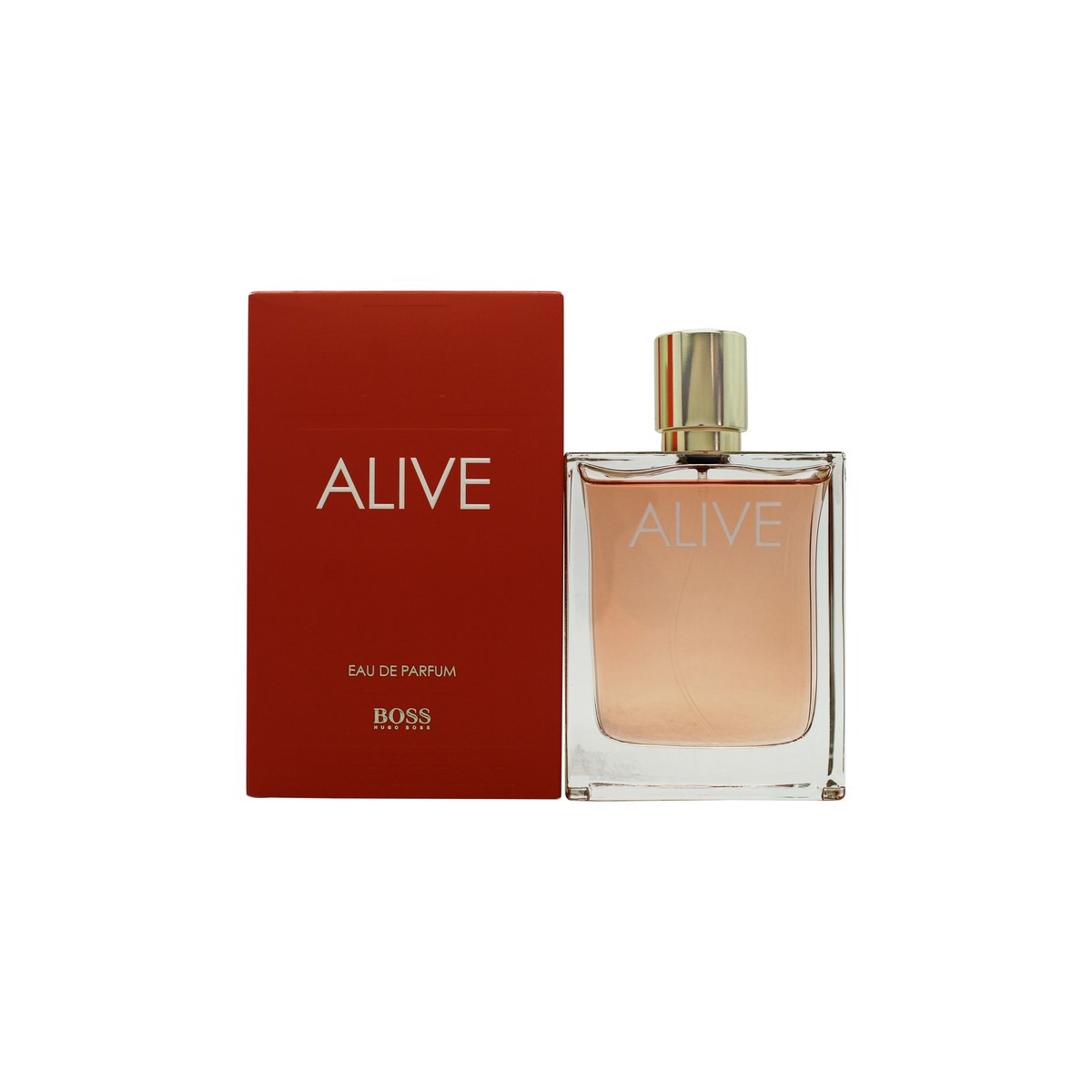 Alive Eau De Parfum Hugo Boss 80 ml klar rektangulær glasflakon med kanter, gylden duft og gyldent låg
