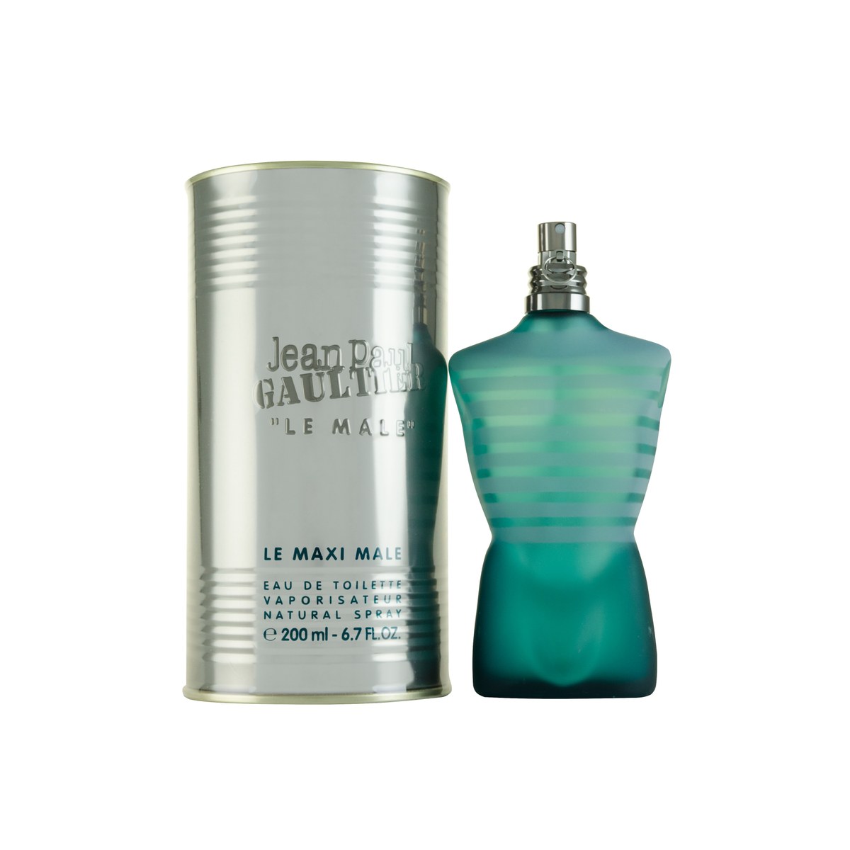 Le Male Eau De Toilette Jean Paul Gaultier 200 ml – torsoformet glasflakon med lyseblå striber og mat overflade