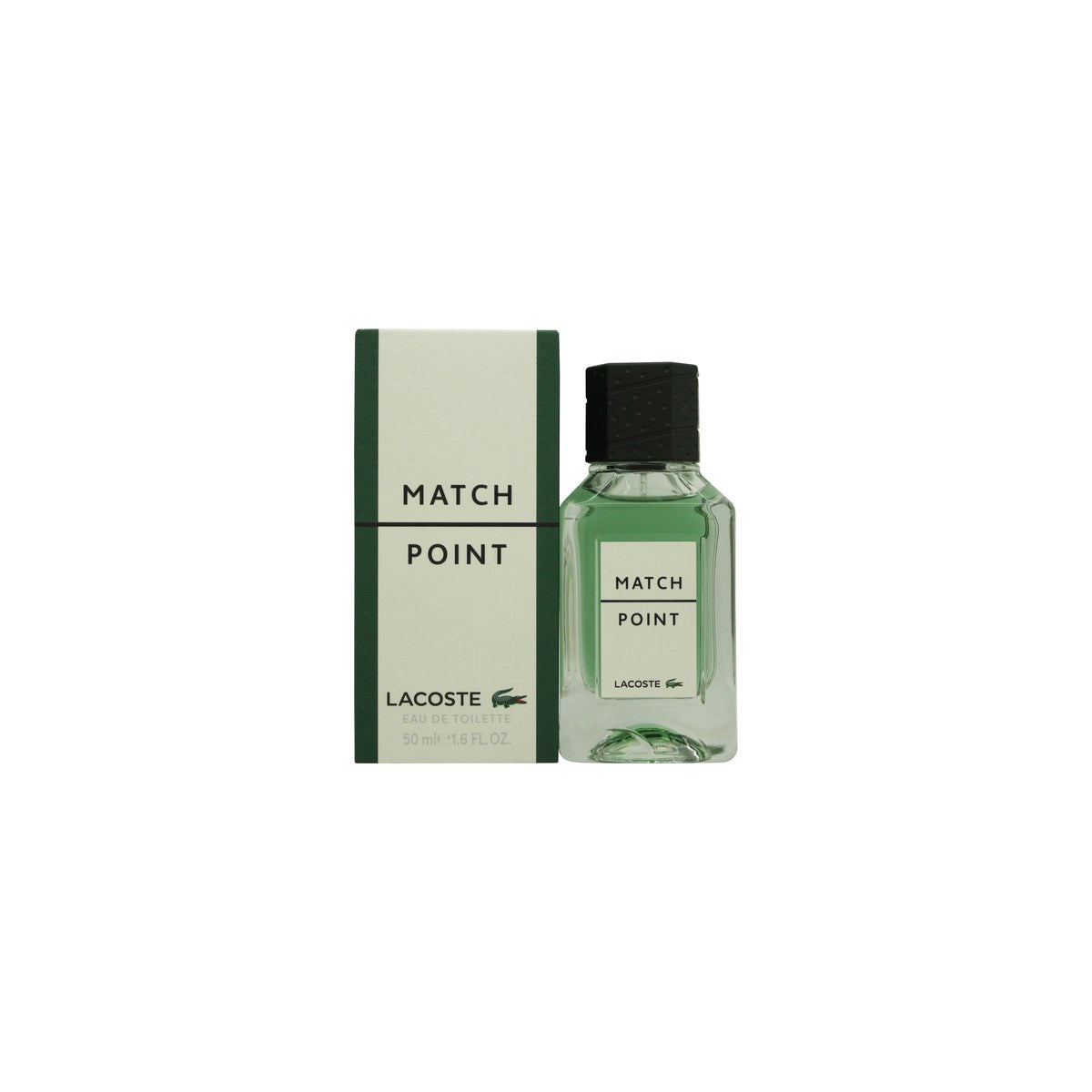 Lacoste Match Point Eau de Toilette 50 ml fra Lacoste, rund glasflakon med grøn duft og sort låg, inspireret af tennisbold