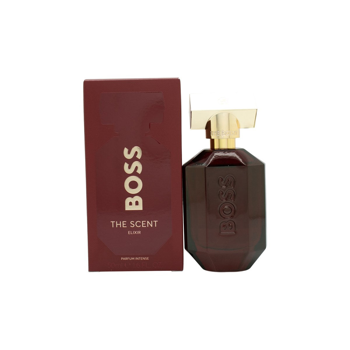 Hugo Boss Boss The Scent Elixir Parfum Intense 50 ml, Hugo Boss – mørkerød rektangulær glasflaske med gylden kapsel