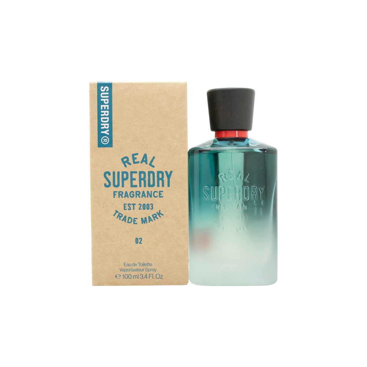 Superdry Real Superdry 02 For Men Eau de Toilette 100 ml, klar glasflaske med orange og blå logo og sort spraytop