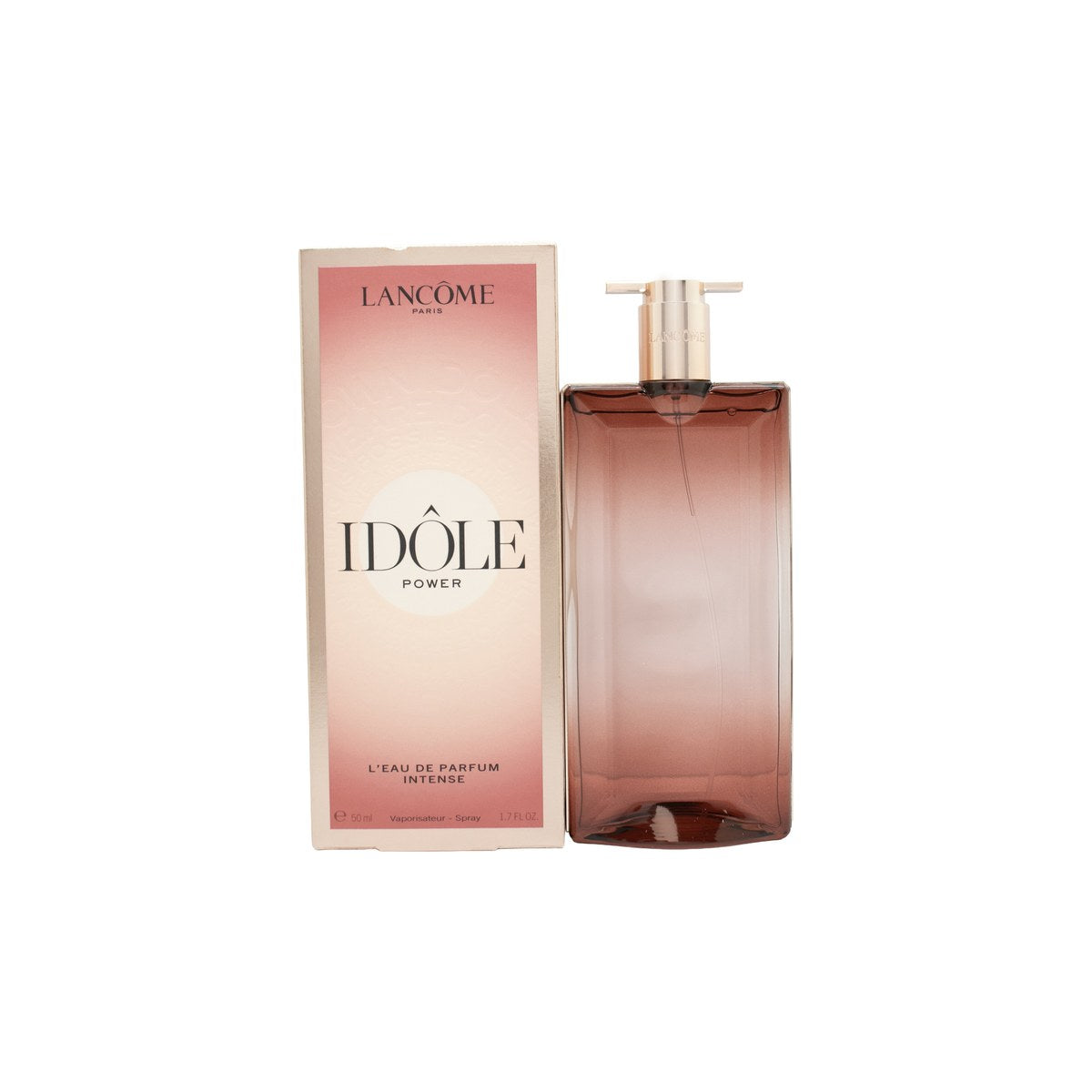 Lancôme Idôle Power L’Eau de Parfum Intense, Lancôme 50 ml – slank rosatonet glasflaske med sort låg og minimalistisk logo
