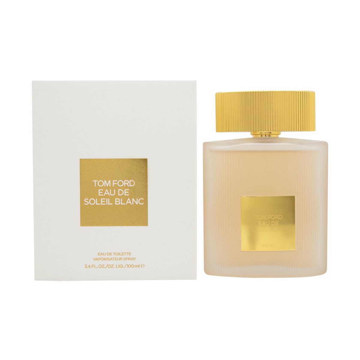 Eau De Soleil Blanc Eau De Toilette, Tom Ford 100 ml, hvid rillet flakon med gyldent emblem og cylindrisk låg, sollys