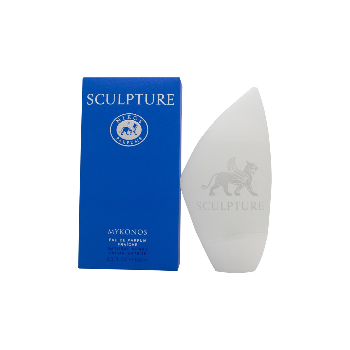 Nikos Sculpture Mykonos Eau de Parfum, Nikos, 100 ml – klar blå flakon i buet, skulpturel form med sølvdetaljer