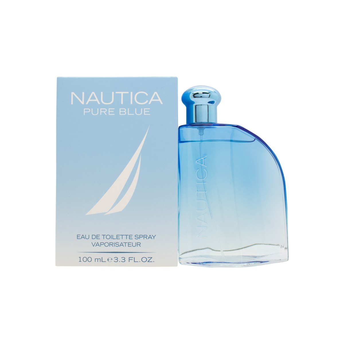 Nautica Pure Blue Eau de Toilette fra Nautica – klar blå glasflakon med sølvfarvet låg og minimalistisk design