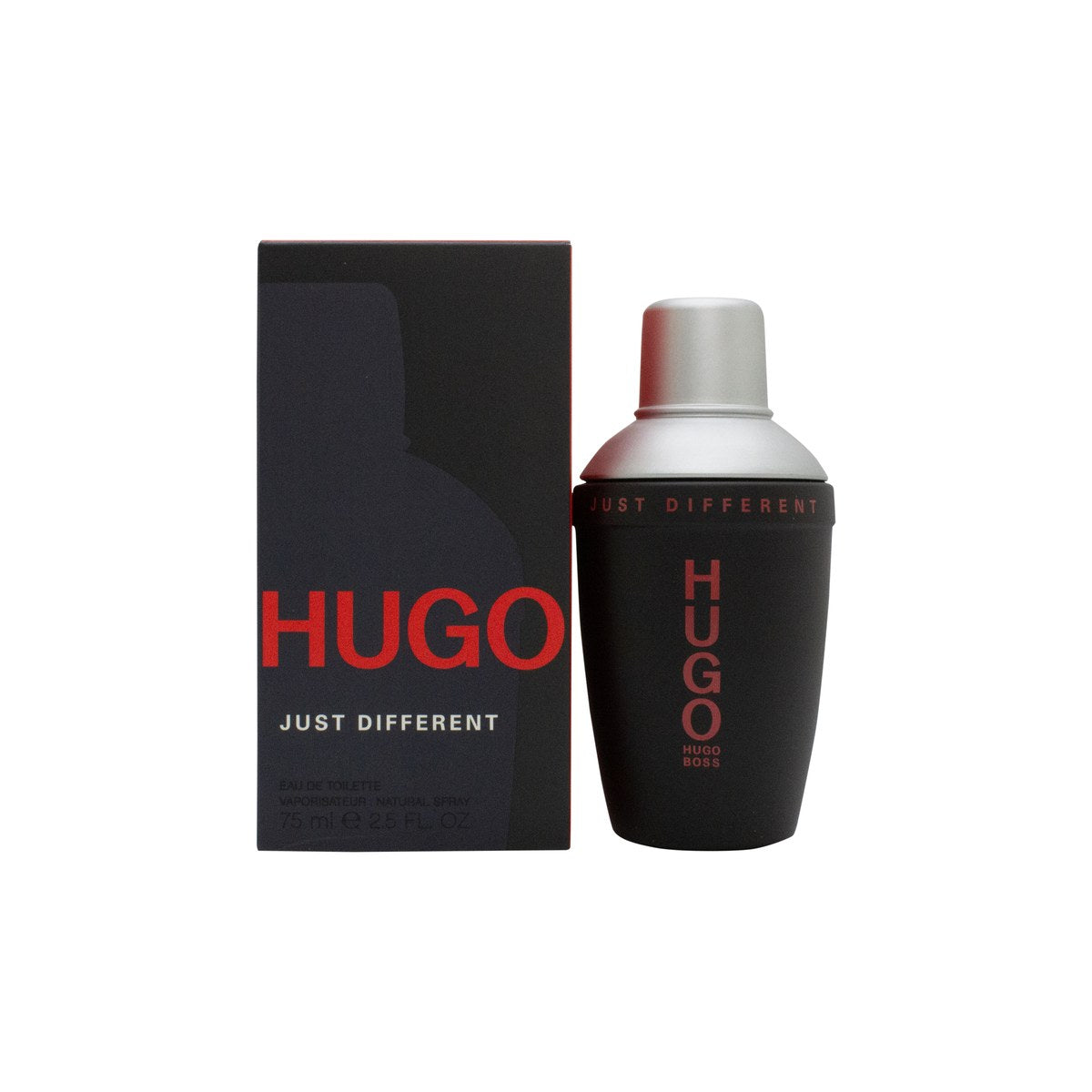 Hugo Boss Just Different Eau de Toilette 75 ml – sort mat cylinderflaske med grøn logo-tekst og minimalistisk design