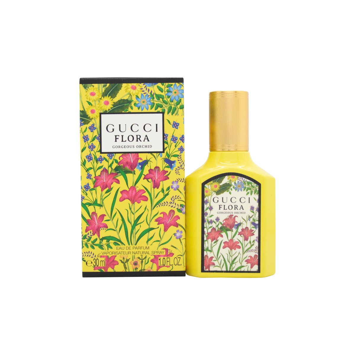 Gucci Flora Gorgeous Orchid Eau De Parfum, Gucci, 30 ml – rektangulær glasflaske i blød gul nuance med Flora-blomster og gyldent låg