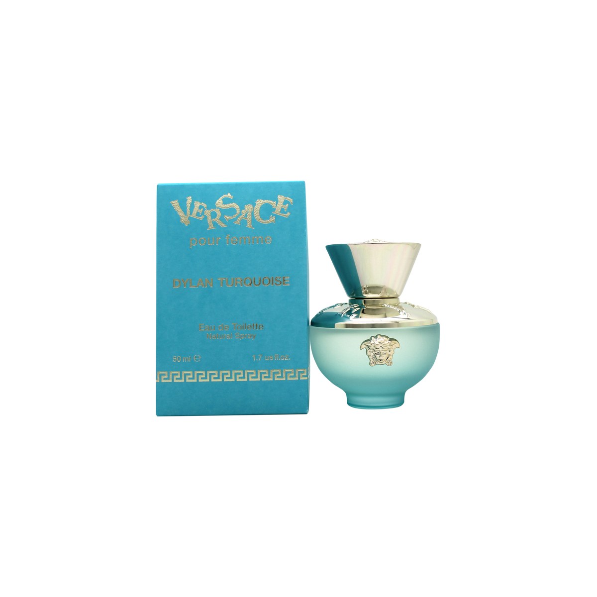 Versace Pour Femme Dylan Turquoise Eau de Toilette 50 ml, Versace – turkis rund glasflakon med guldkork og medusahoved.