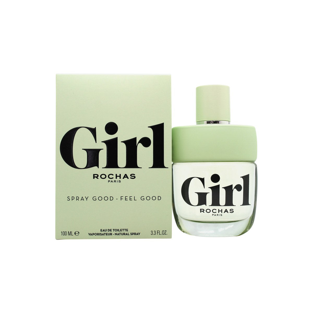 Rochas Girl Eau De Toilette, Rochas, 100 ml – lysegrøn transparent glasflaske med bløde, afrundede former og sort, rund hætte