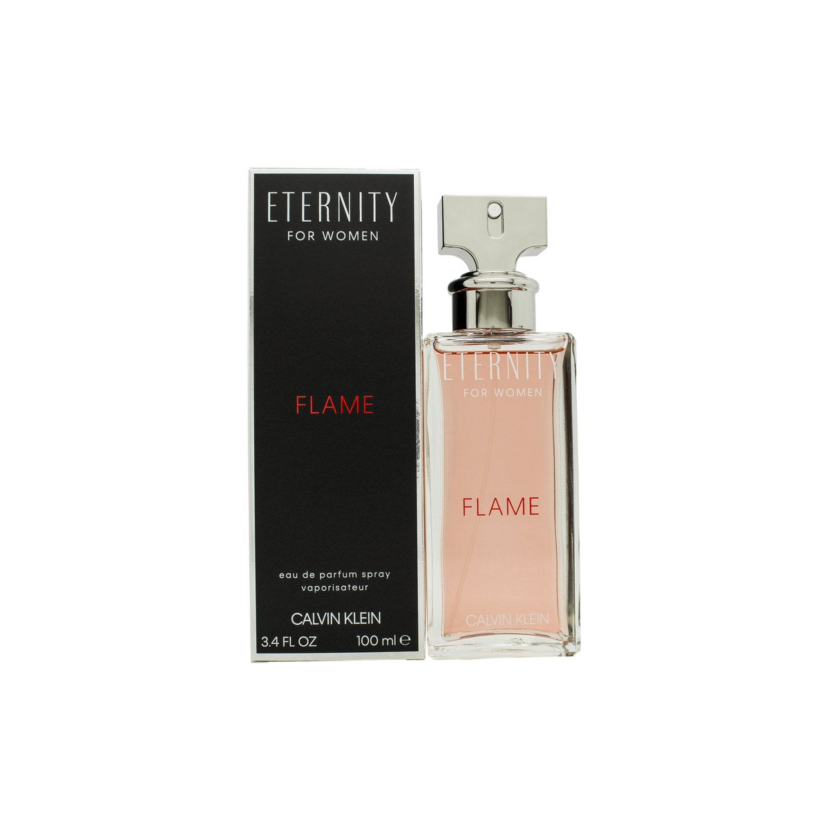 Eternity Flame For Women Eau De Parfum Calvin Klein 100 ml, rød rektangulær parfumeflaske i glas med sølvfarvet låg