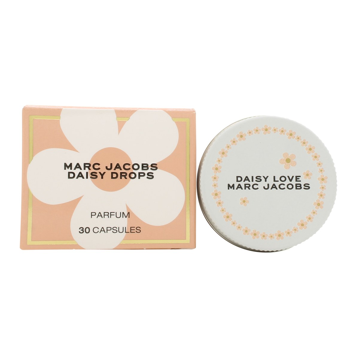 Marc Jacobs Daisy Love Parfum Drops 30 kapsler, gyldne blomsterformede kapsler i klar flakon med hvidt margueritlåg