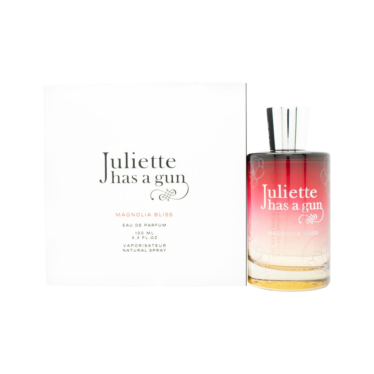 Magnolia Bliss Eau De Parfum Juliette Has A Gun 100 ml, cylindrisk glas i lys rosa med sølvfarvet spraylåg, enkelt