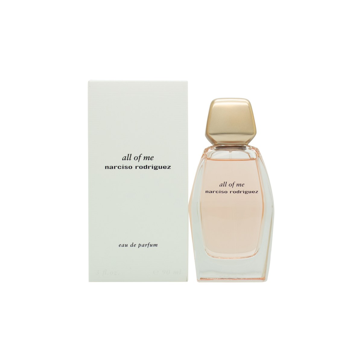 All Of Me Eau De Parfum Narciso Rodriguez 90 ml, facetteret parfume flaske i rosafarvet glas med sort firkantet låg.