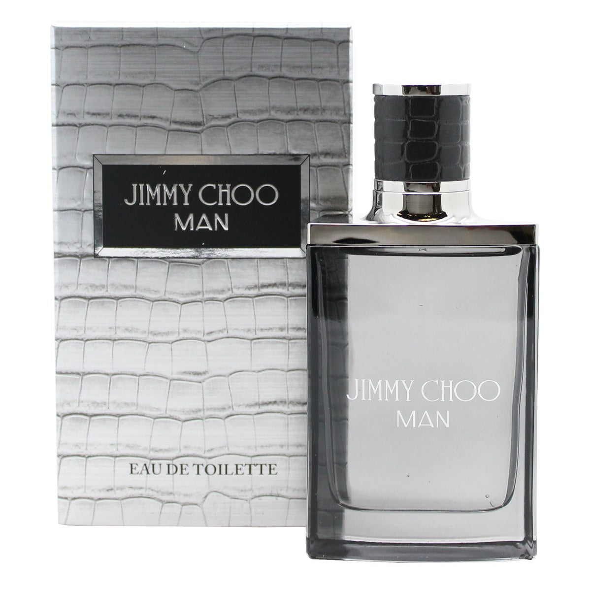 Jimmy Choo Man Eau de Toilette, Jimmy Choo, 50 ml – klar rektangulær glasflakon med sølvkapsel og lyseblå duft.