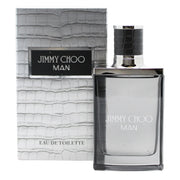 Jimmy Choo Man Eau de Toilette, Jimmy Choo, 50 ml – klar rektangulær glasflakon med sølvkapsel og lyseblå duft.