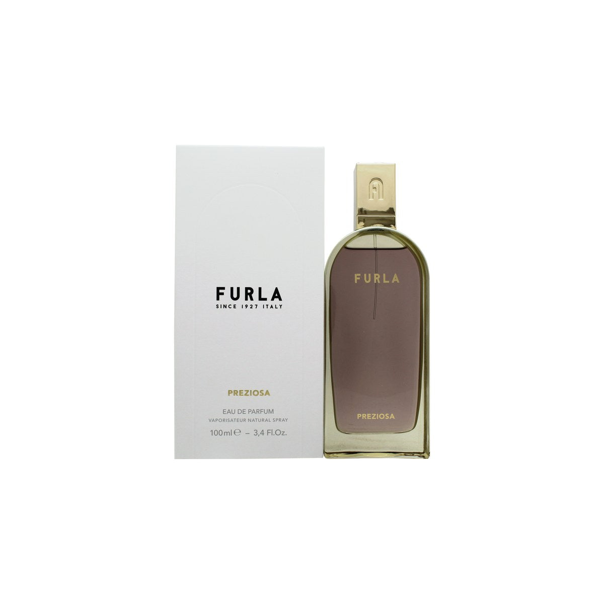Furla Preziosa Eau de Parfum 100 ml fra Furla – klar glasflakon med guldfarvet låg og blød rosa duftvæske.