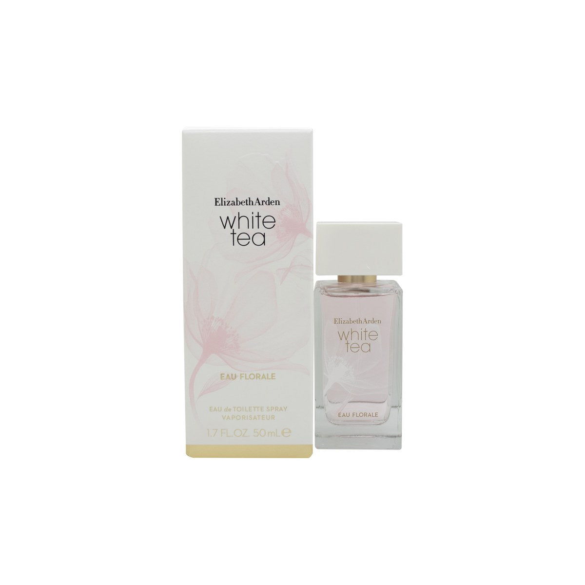 White Tea Eau Florale Eau De Toilette Elizabeth Arden 50 ml, slank klar glasflaske med lyserød væske og gyldne detaljer
