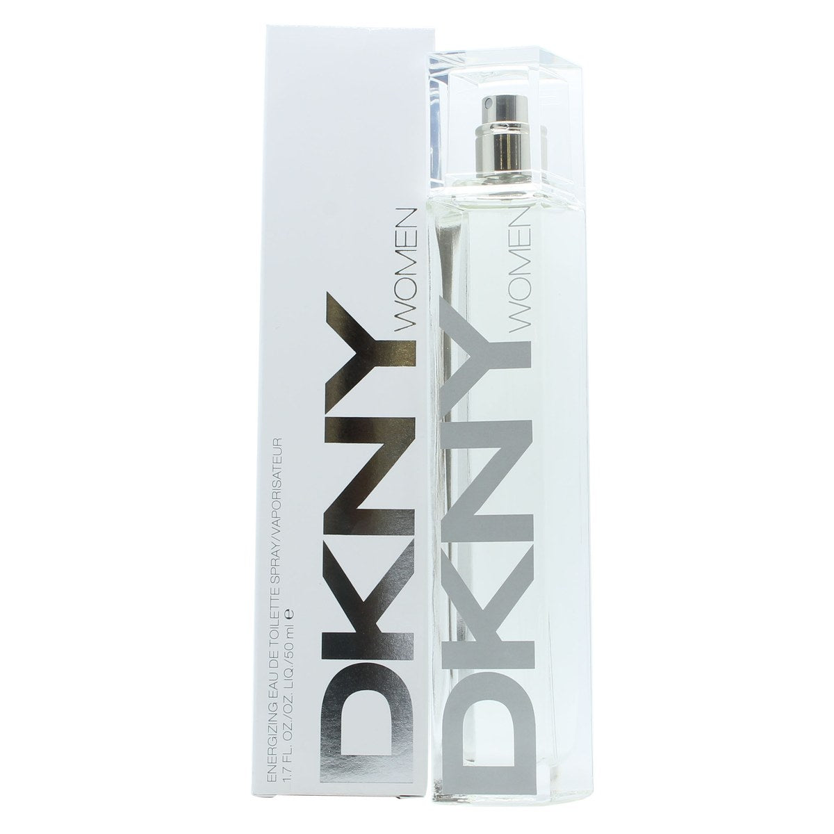 DKNY Energizing Eau de Toilette, DKNY, 50 ml – slank klar glasflaske med sølvkork og frisk grøn væske.