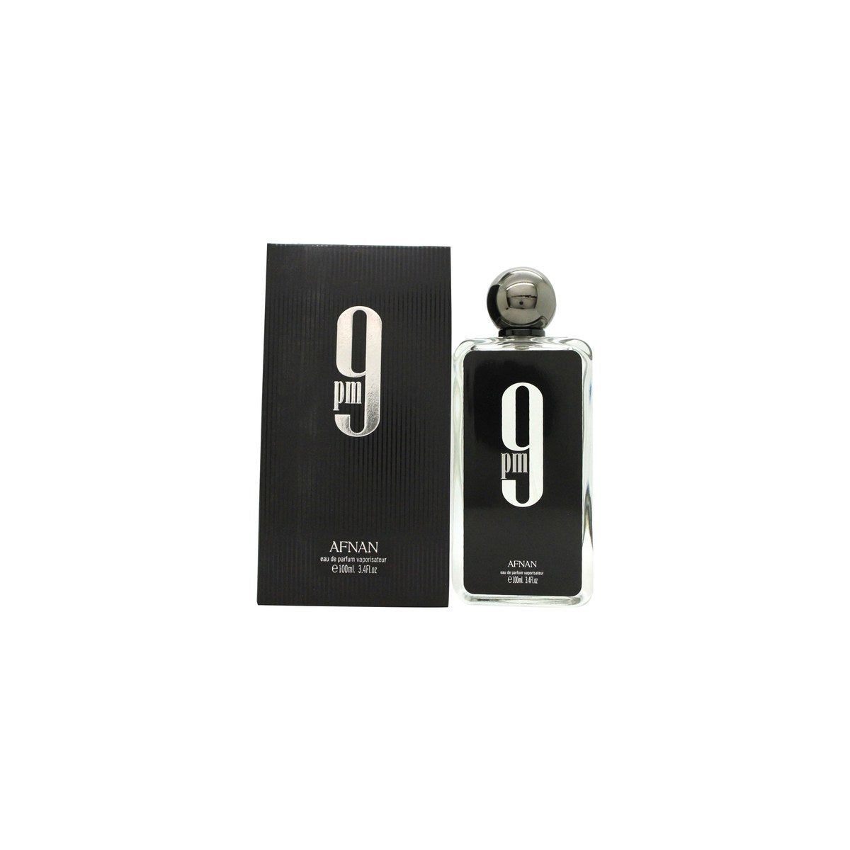 Afnan 9PM Eau de Parfum 100 ml – mørk lilla glasflaske med firkantet form og sølvlogo, sort låg.