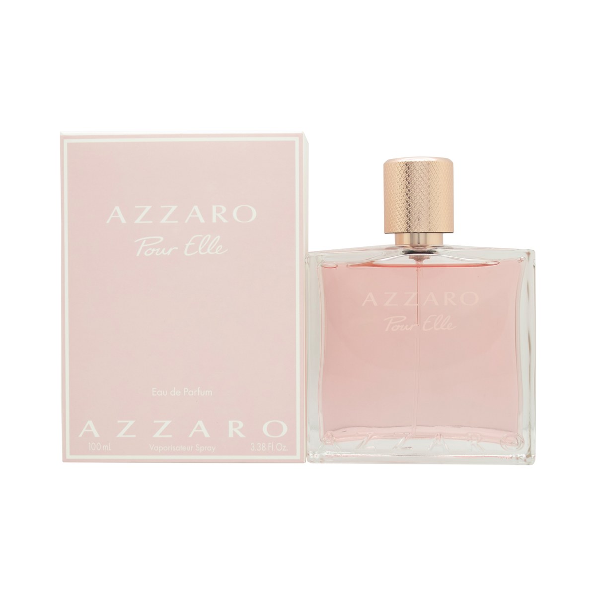 Azzaro Pour Elle Eau de Parfum, Azzaro, 100 ml – slank buet glasflakon med rosatonet duft og kobberfarvet låg.