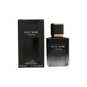 L'Homme Eau De Parfum Elie Saab 50 ml, klar glasflaske med ravfarvet parfume og mørk, kantet hætte i enkelt design