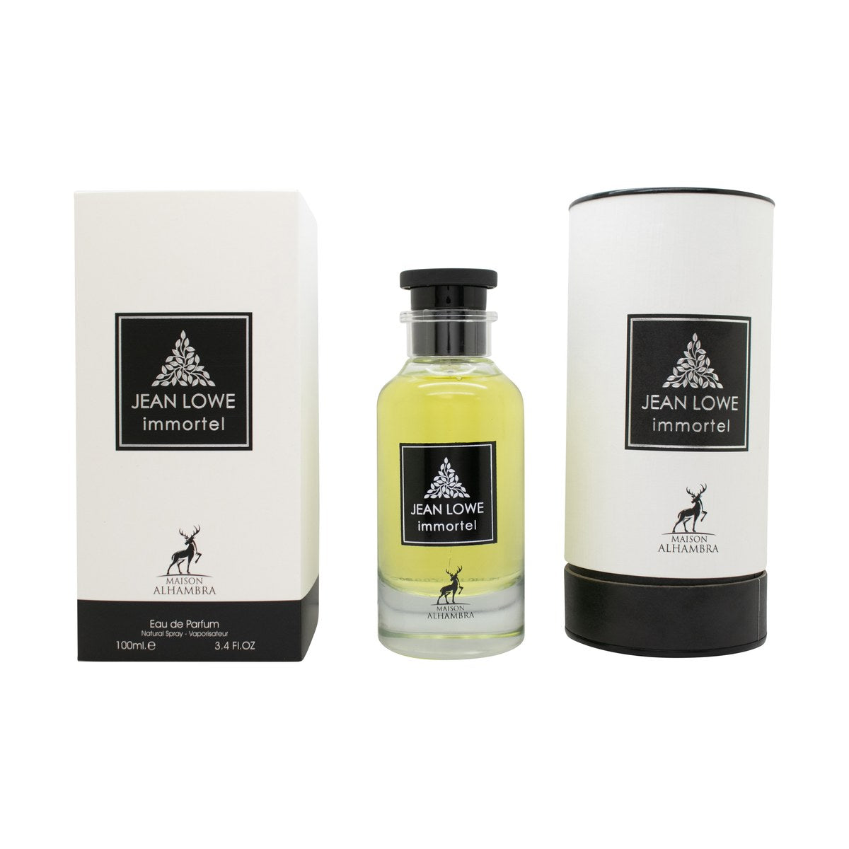 Maison Alhambra Jean Lowe Immortal Eau de Parfum 100ml i mørk firkantet glasflaske med gulddetaljer og sort låg