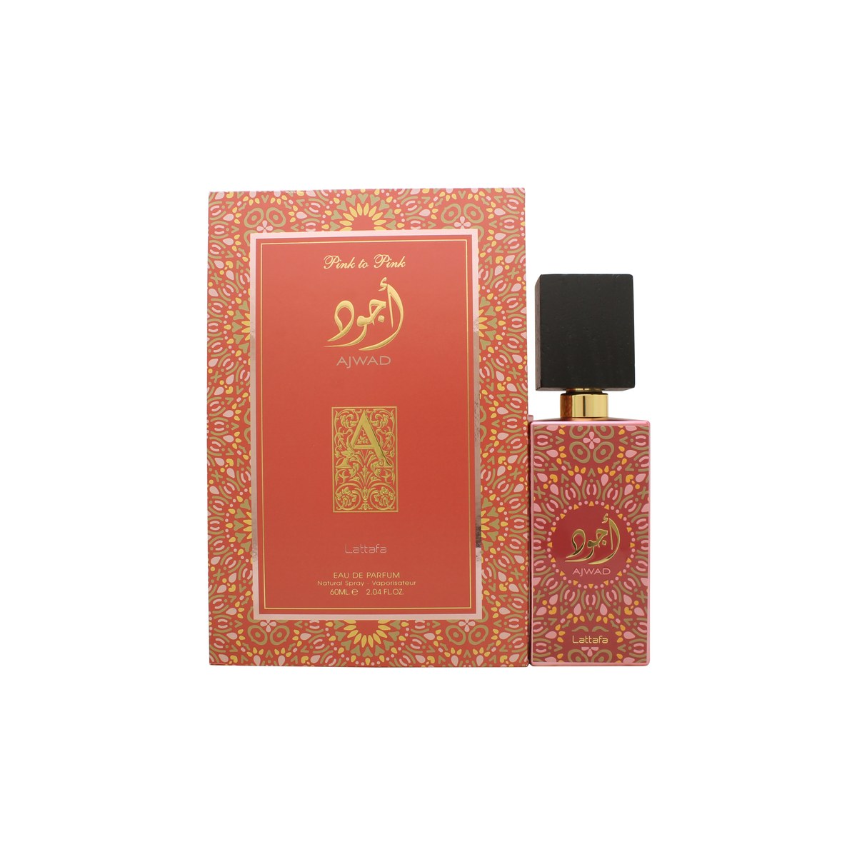 Lattafa Ajwad Pink to Pink Eau de Parfum, Lattafa 60 ml – lyserød flakon med gyldent låg og elegant, orientalsk design