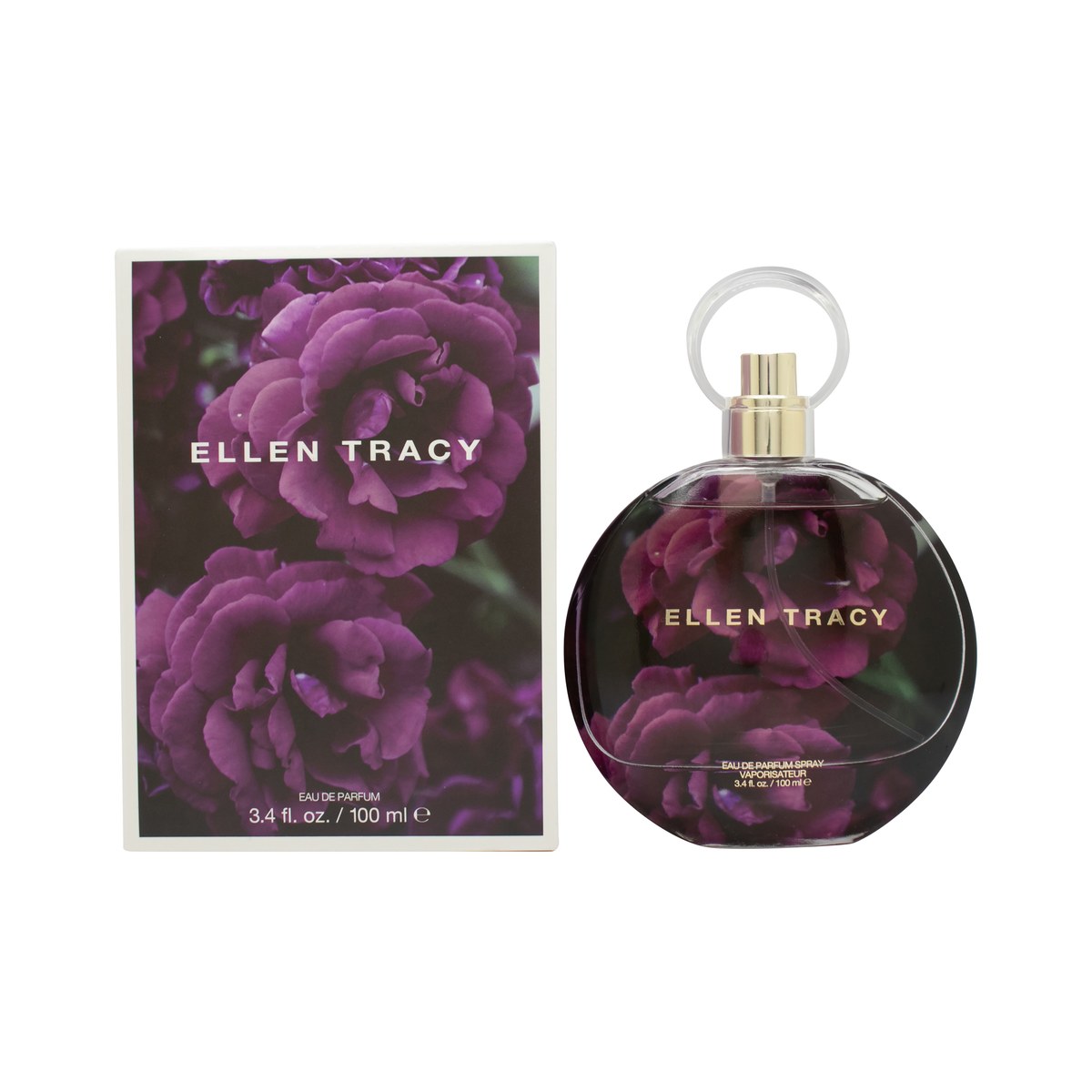 Ellen Tracy Dream Florals Purple Rose Eau De Parfum, Ellen Tracy, 100 ml– lilla glasflaske med sølvkork og blomstret design.