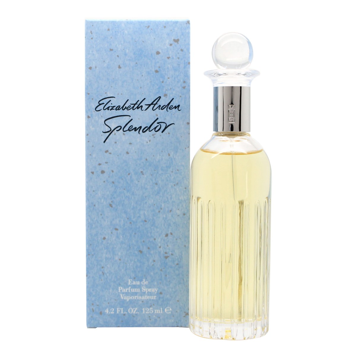 Splendor Eau De Parfum, Elizabeth Arden 125 ml i høj klar glasflaske med blød rosa væske og gylden hætte